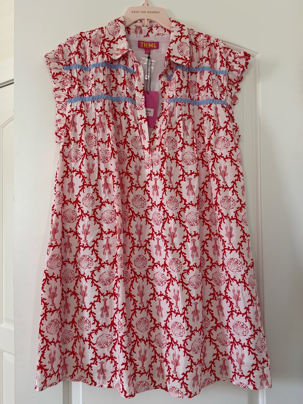 THML Red Coral Print Dress with Blue Trim